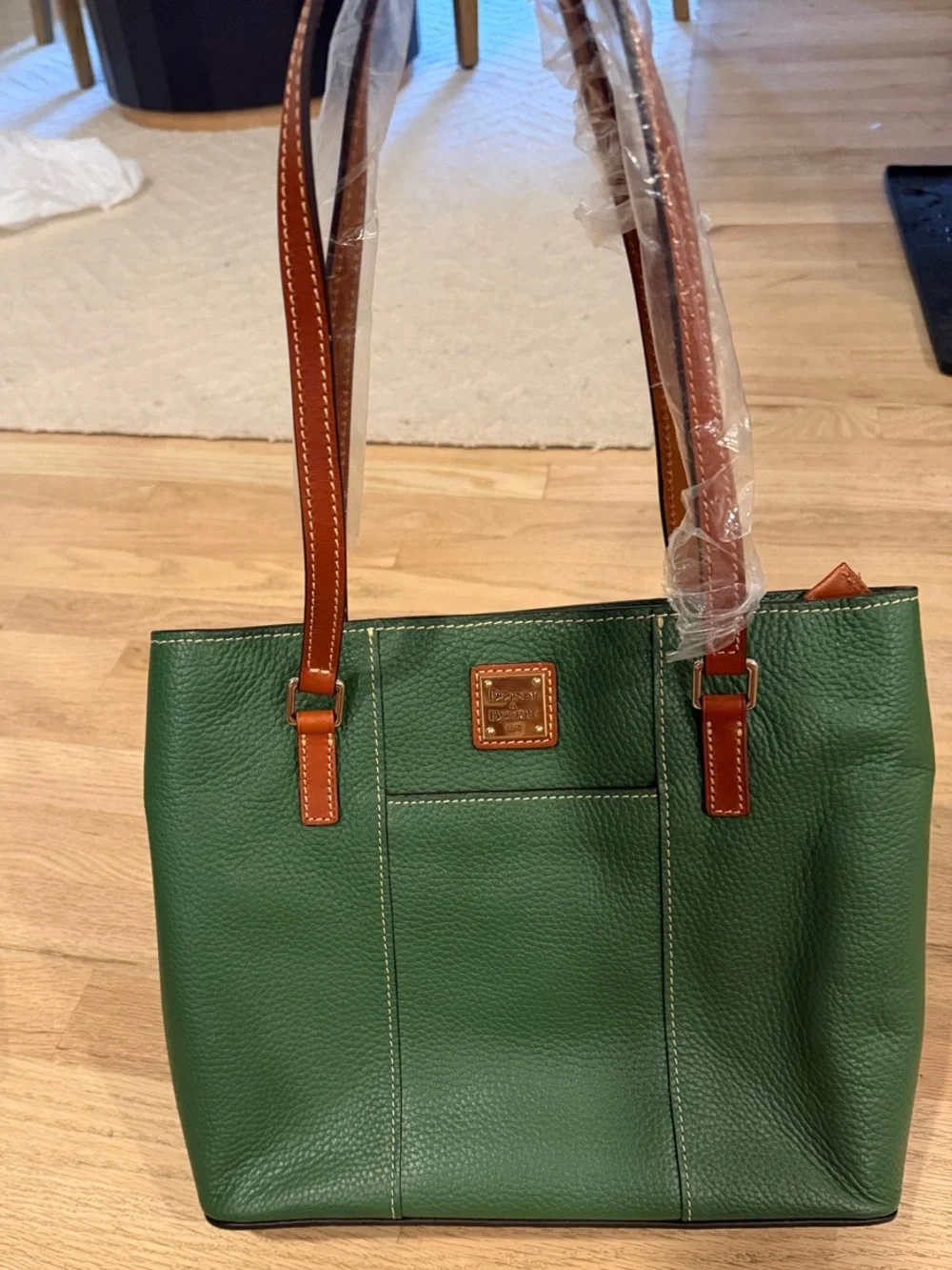Dooney & Bourke Green Pebbled Leather Tote with Brown Straps